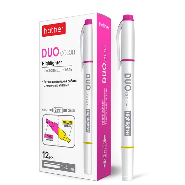 Текстовыделитель Hatber DUO двухцветный клиновидный пишущий узел 12шт. в картонной коробке Розовый+Желтый , 